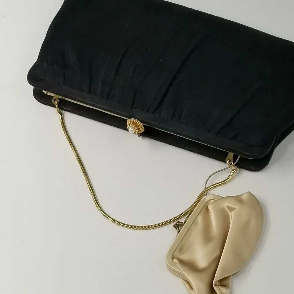 Vintage 60s Purse Black Clutch Kiss Lock Gold Pearl Rhinestone Coin Purse